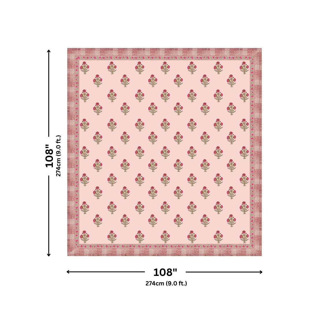 Blush Pink Base Rose Floral Hand Block Print King Size 100% Pure Cotton Bedsheet
