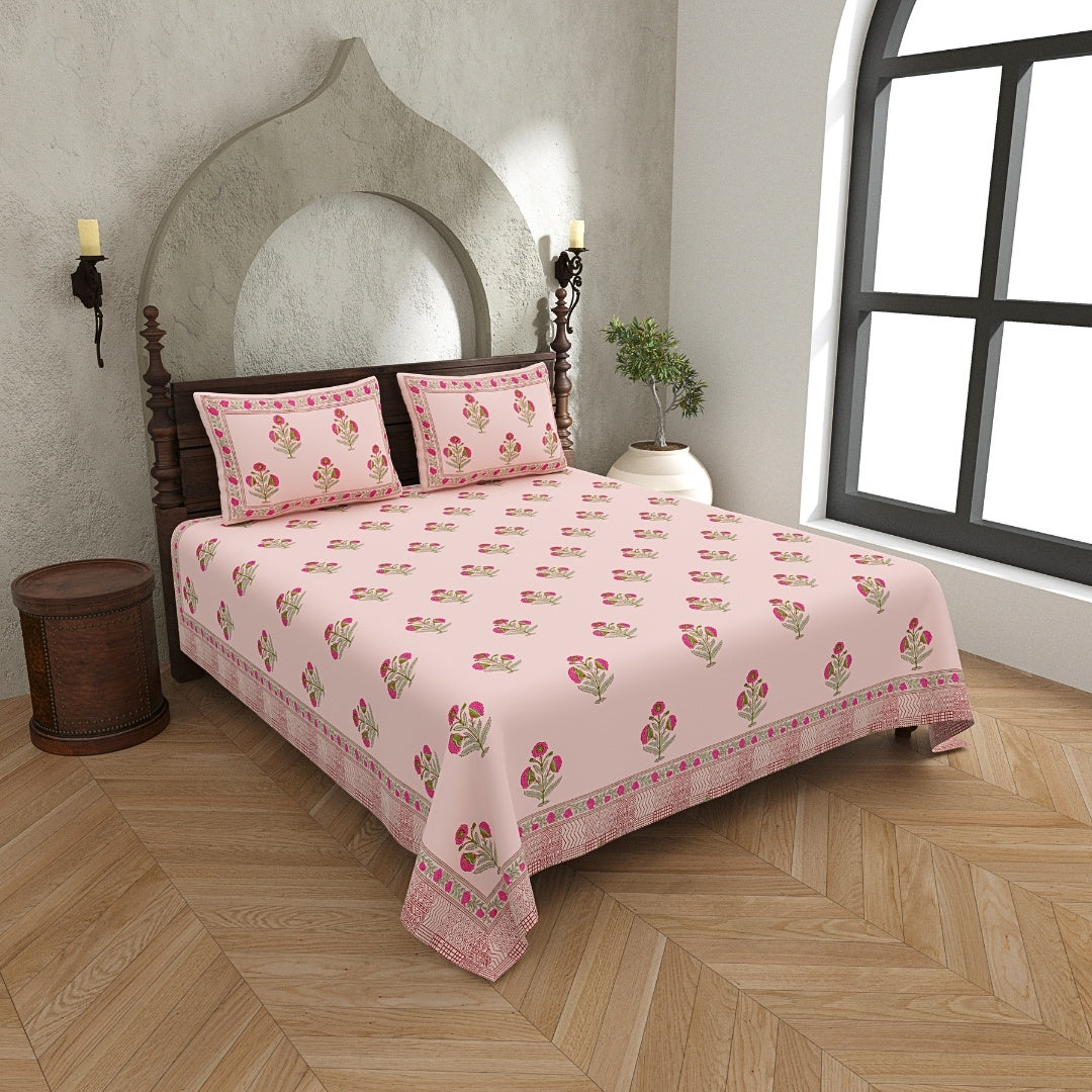 Blush Pink Base Rose Floral Hand Block Print King Size 100% Pure Cotton Bedsheet