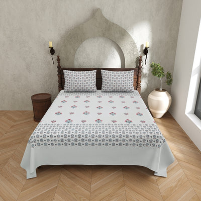 Pearl Grey Base Geometric Floral Hand Block Print King Size 100% Best Pure Cotton Bedsheet