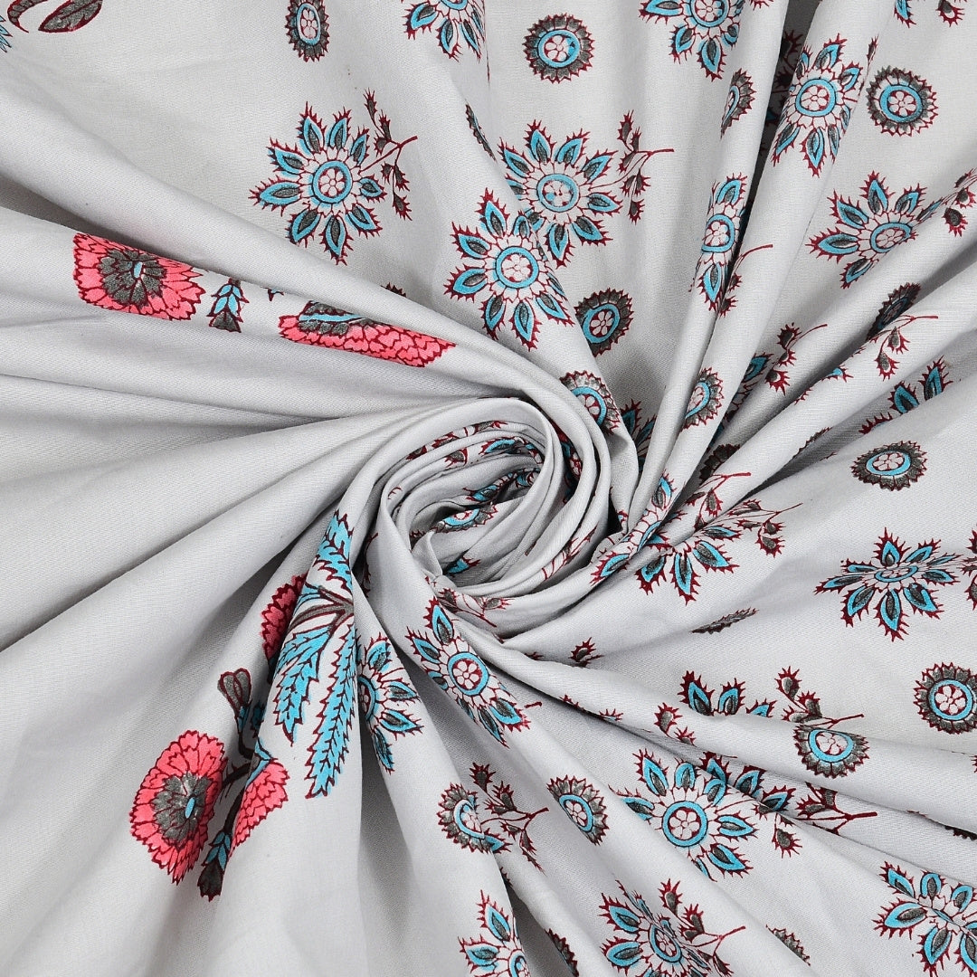 Pearl Grey Base Geometric Floral Hand Block Print King Size 100% Best Pure Cotton Bedsheet