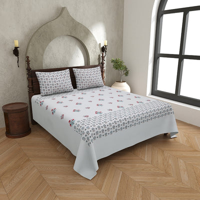 Pearl Grey Base Geometric Floral Hand Block Print King Size 100% Best Pure Cotton Bedsheet