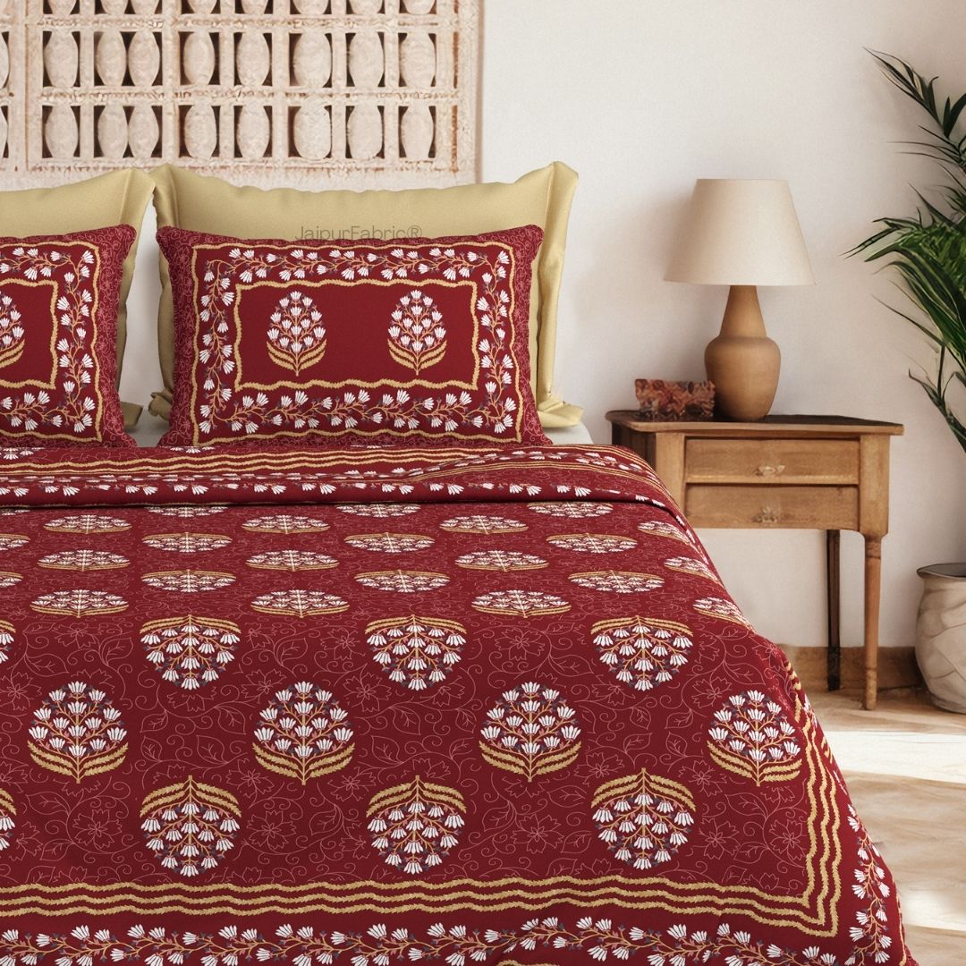 Floral Bunch Marooon Pure Cotton Khari Gold Work King Size Bedsheet – 240 TC