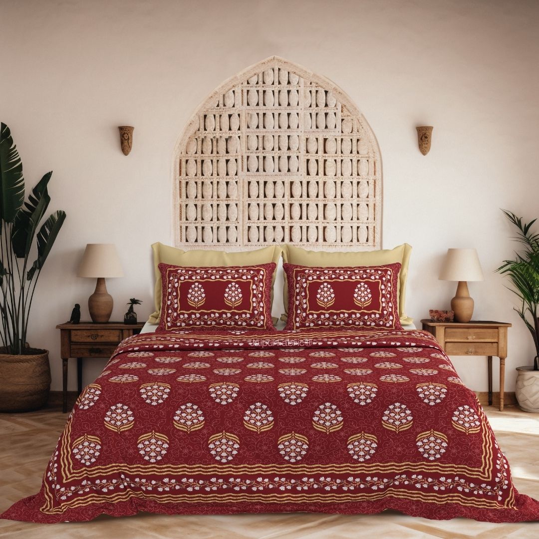 Floral Bunch Marooon Pure Cotton Khari Gold Work King Size Bedsheet – 240 TC