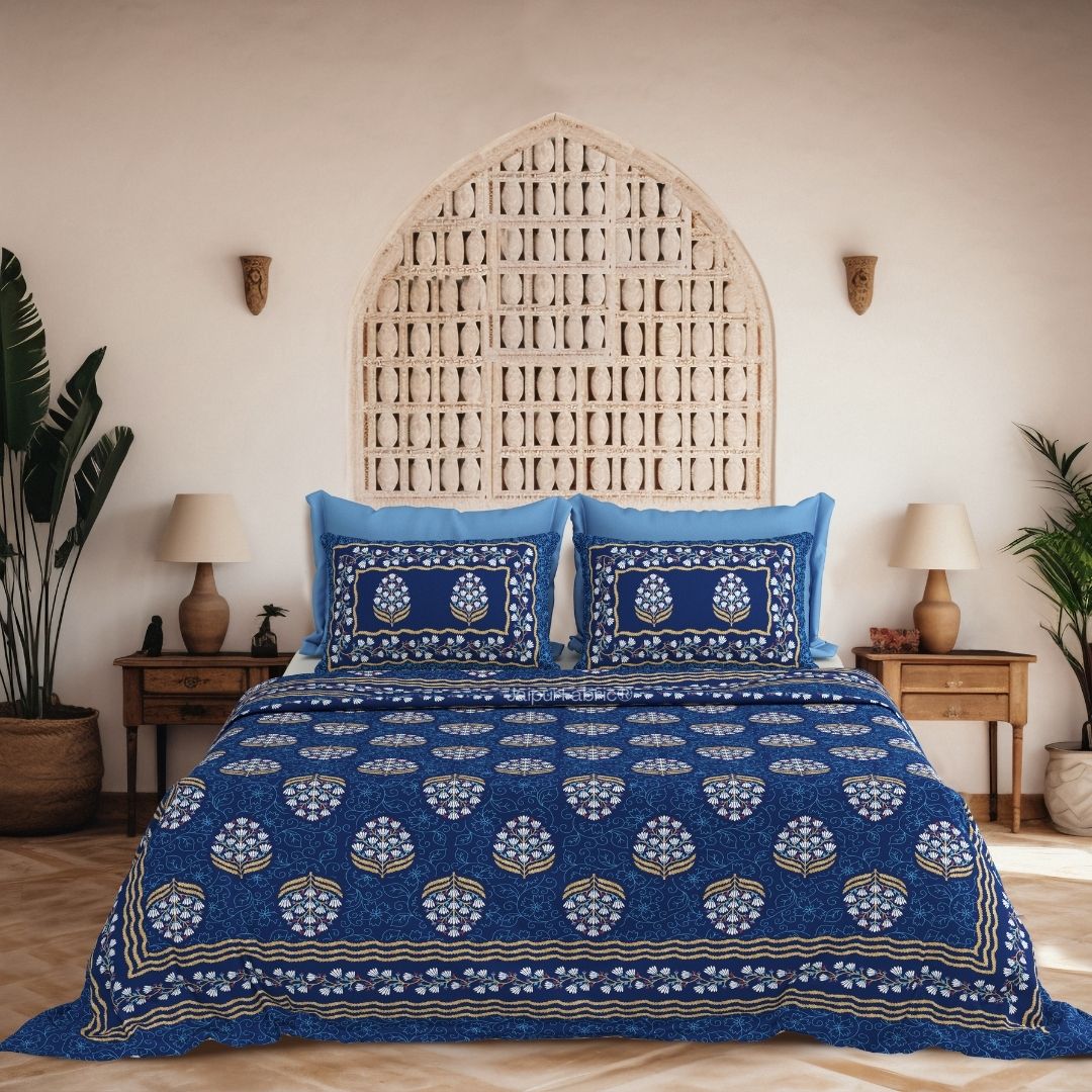Floral Bunch Royal Blue Pure Cotton Khari Gold Work King Size Bedsheet – 240 TC