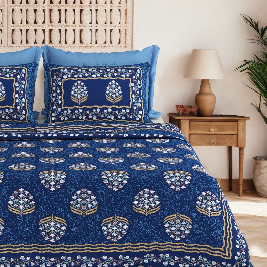 Floral Bunch Royal Blue Pure Cotton Khari Gold Work King Size Bedsheet – 240 TC