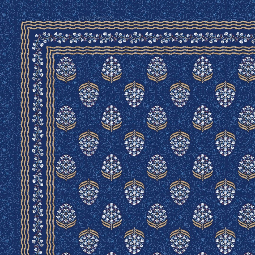Floral Bunch Royal Blue Pure Cotton Khari Gold Work King Size Bedsheet – 240 TC