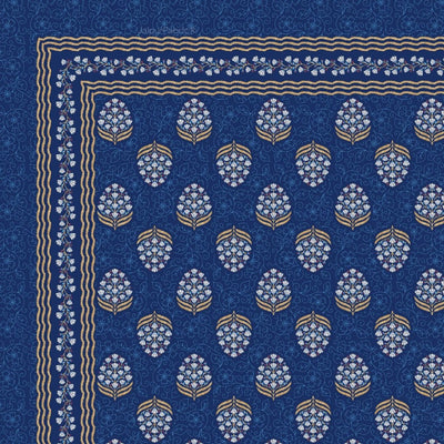 Floral Bunch Royal Blue Pure Cotton Khari Gold Work King Size Bedsheet – 240 TC