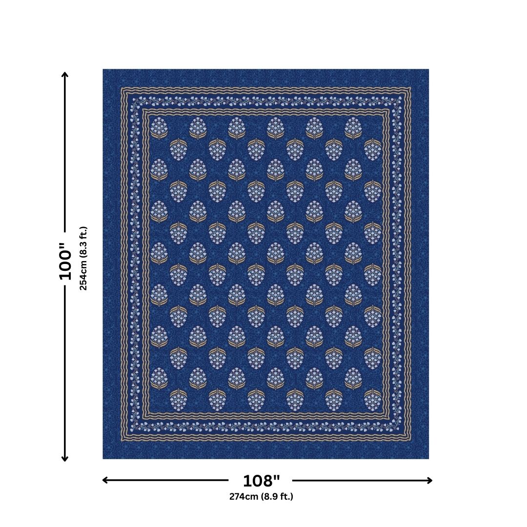 Floral Bunch Royal Blue Pure Cotton Khari Gold Work King Size Bedsheet – 240 TC