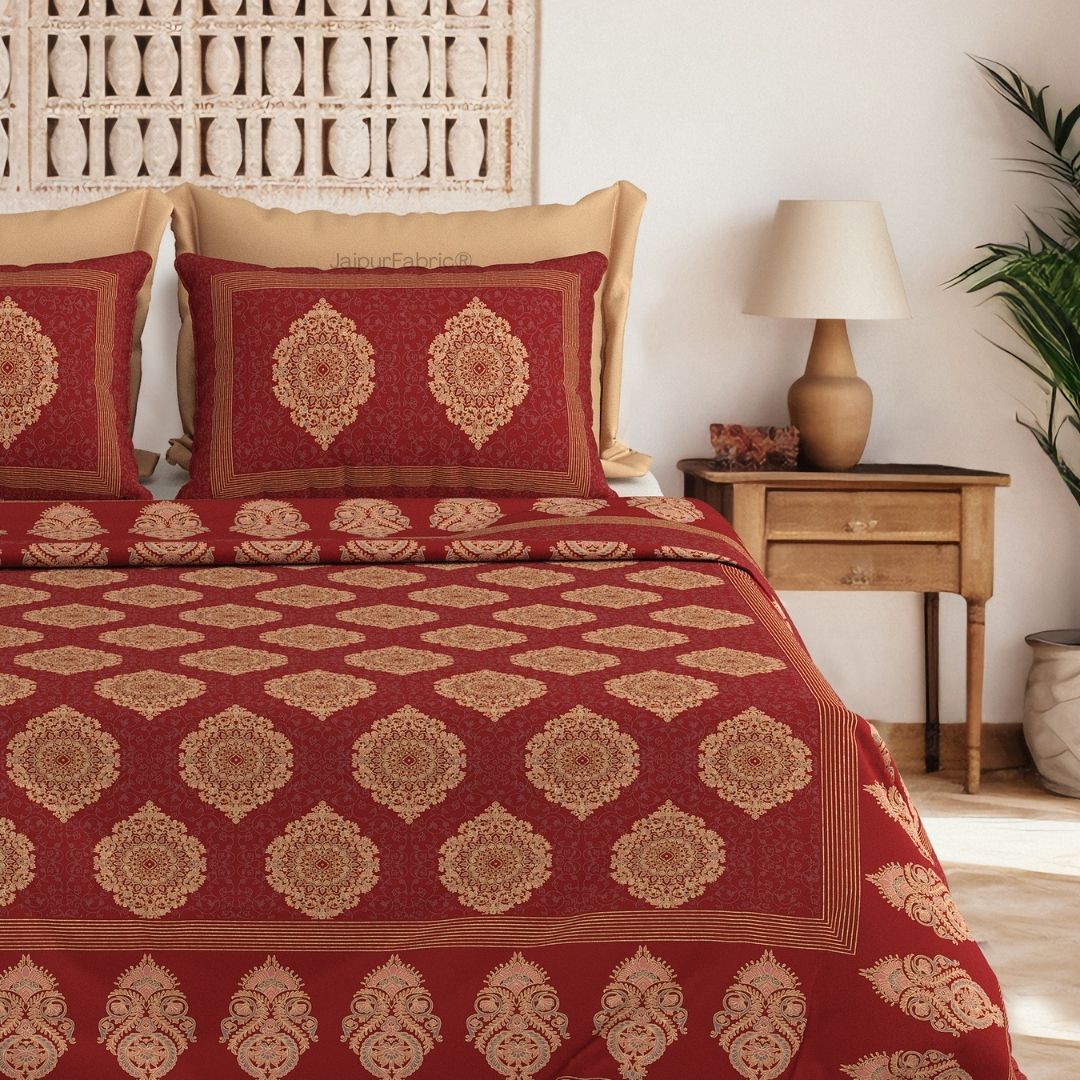 Mandala Motif Maroon Pure Cotton Khari Gold Work King Size Bedsheet – 240 TC