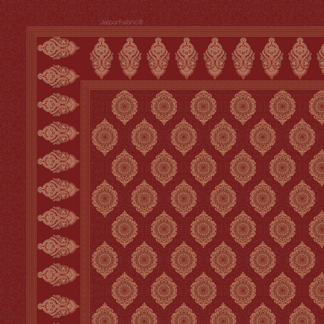 Mandala Motif Maroon Pure Cotton Khari Gold Work King Size Bedsheet – 240 TC