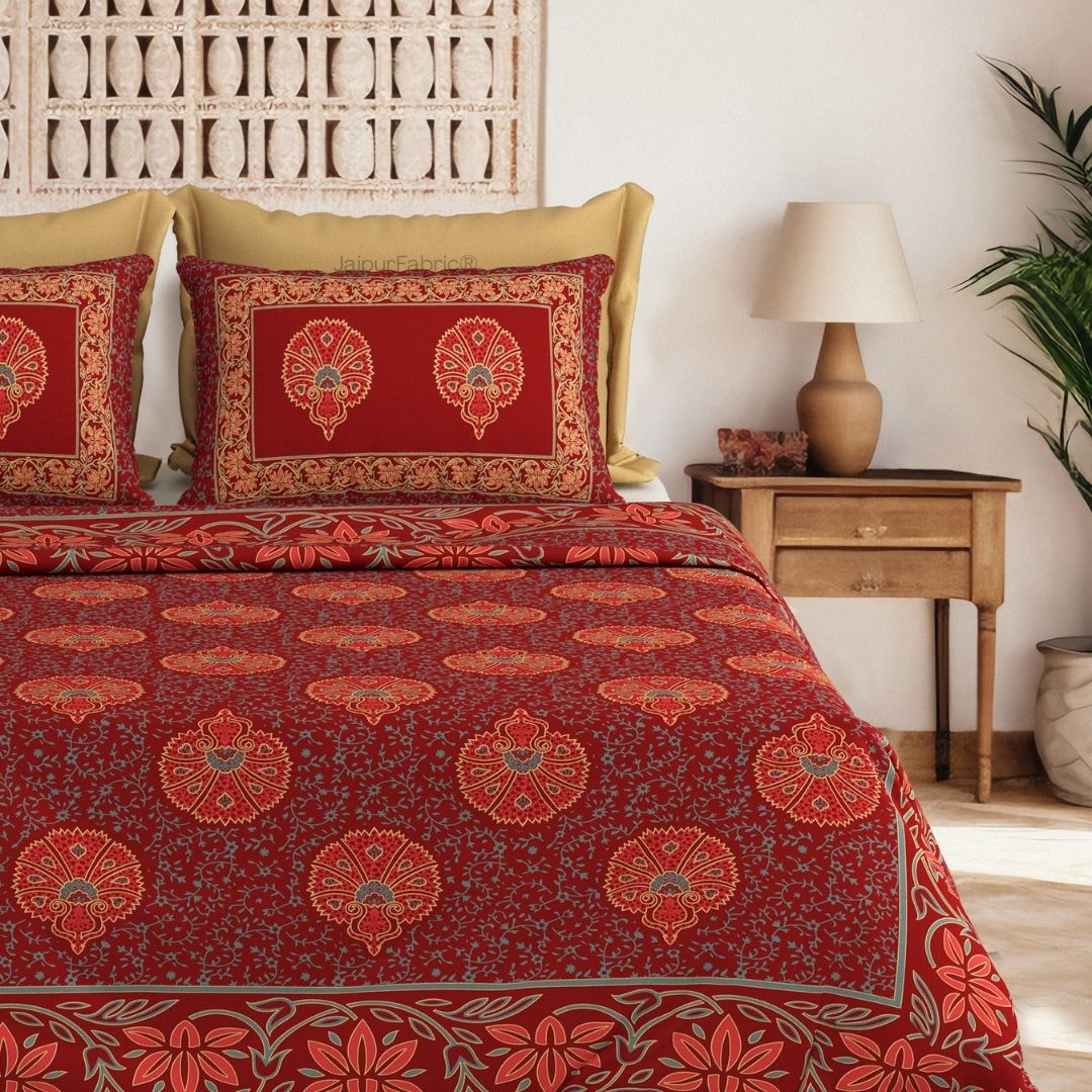 Fan Floral Mandala Maroon Pure Cotton Khari Gold Work King Size Bedsheet – 240 TC