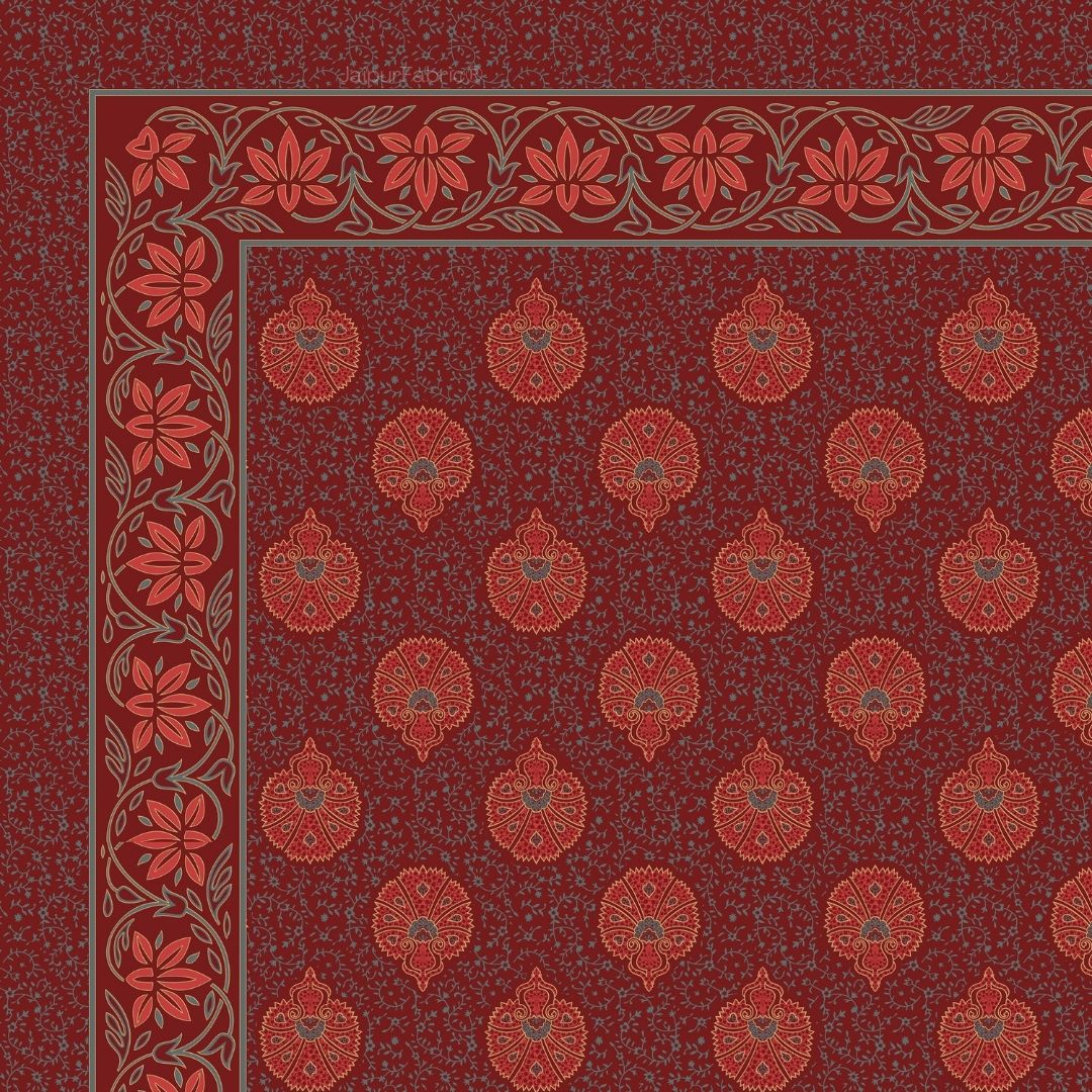 Fan Floral Mandala Maroon Pure Cotton Khari Gold Work King Size Bedsheet – 240 TC