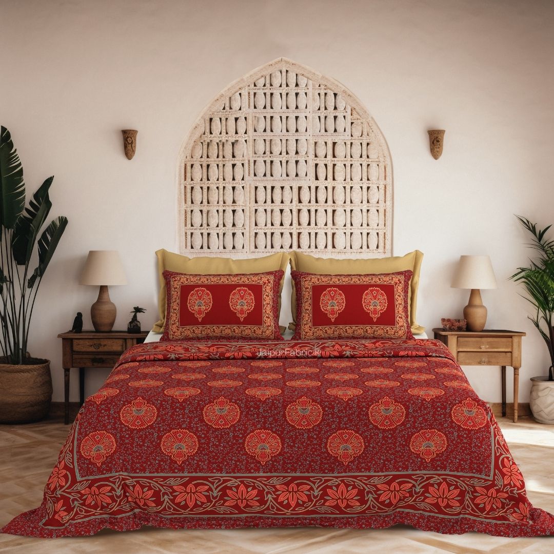 Fan Floral Mandala Maroon Pure Cotton Khari Gold Work King Size Bedsheet – 240 TC