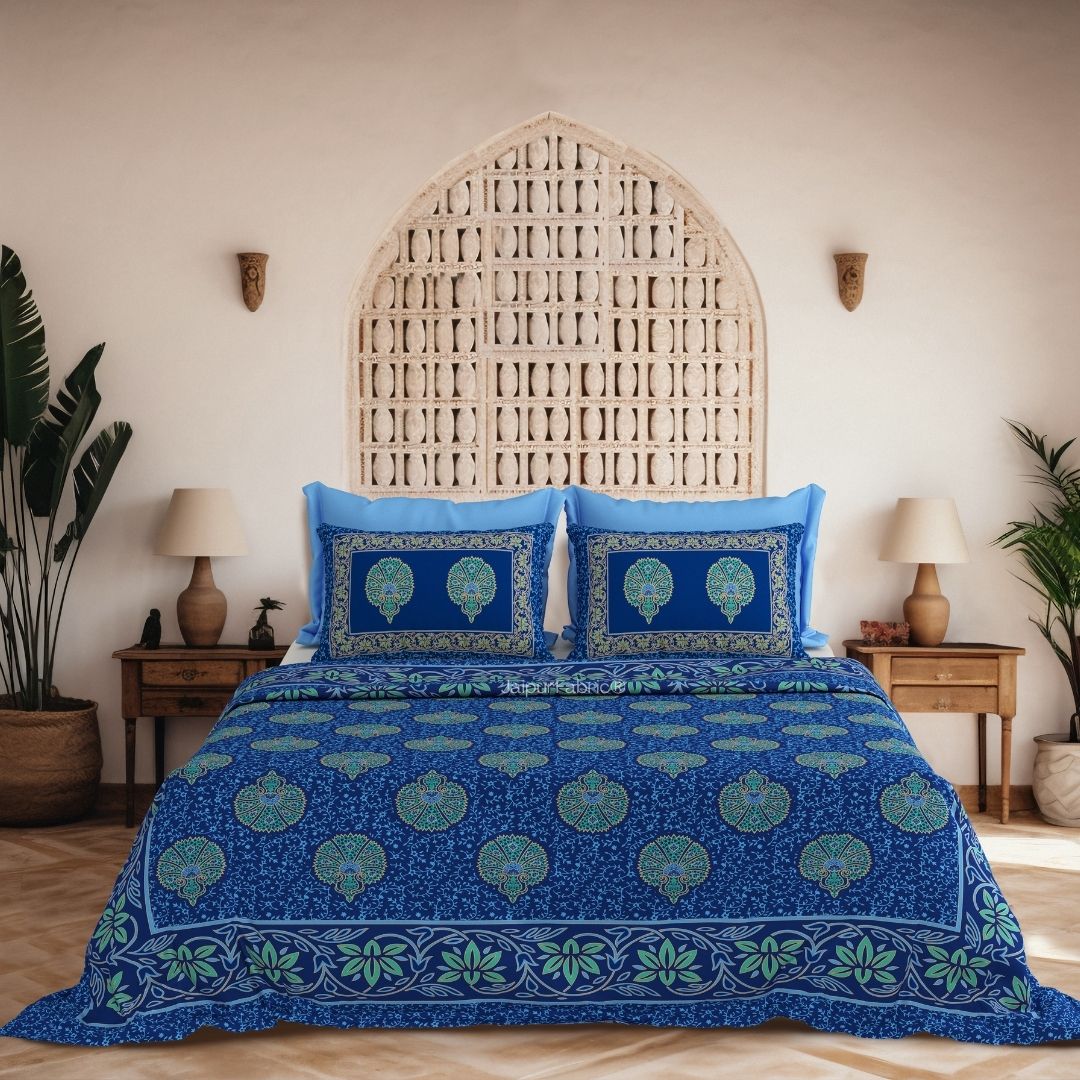 Fan Floral Mandala Royal Blue Pure Cotton Khari Gold Work King Size Bedsheet – 240 TC