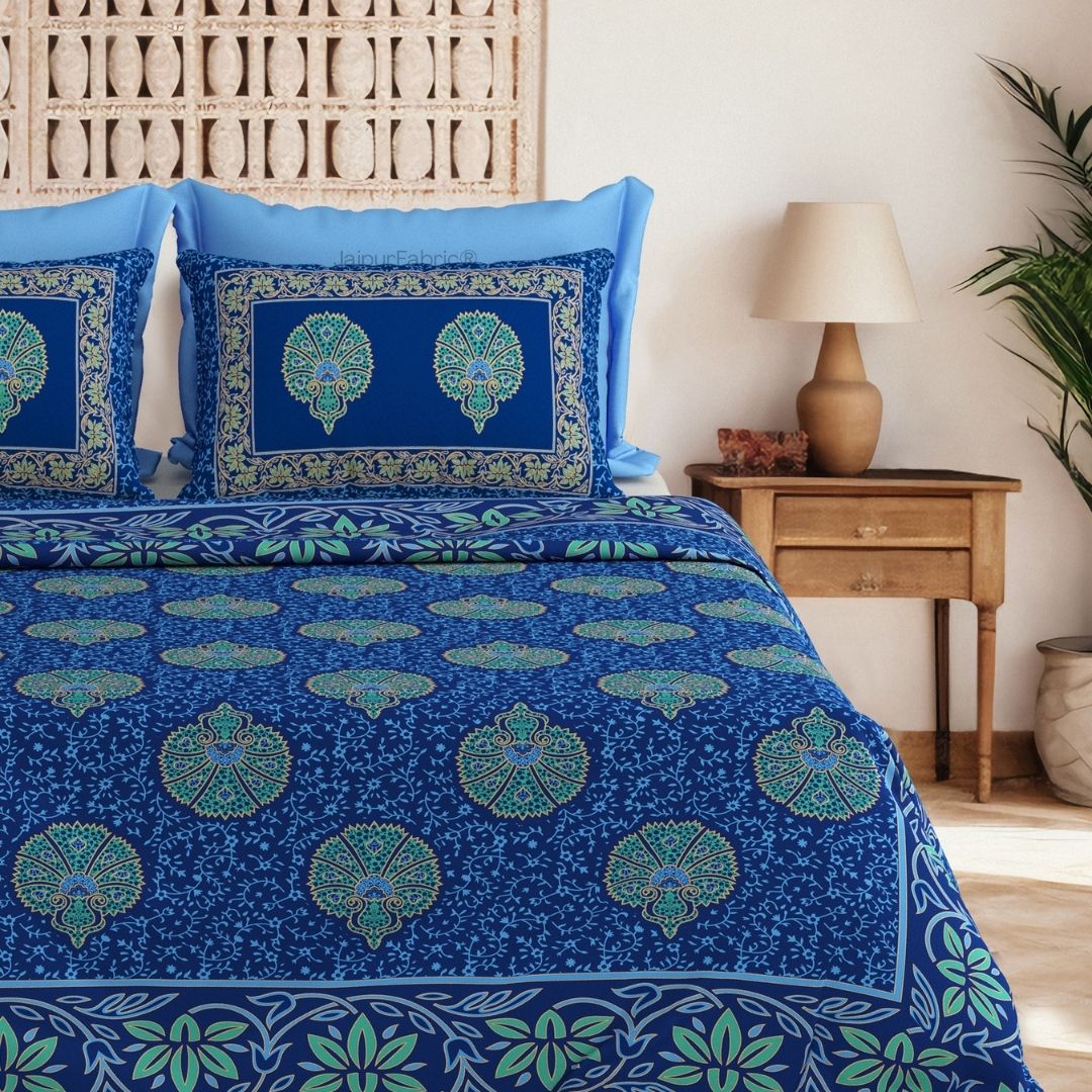 Fan Floral Mandala Royal Blue Pure Cotton Khari Gold Work King Size Bedsheet – 240 TC