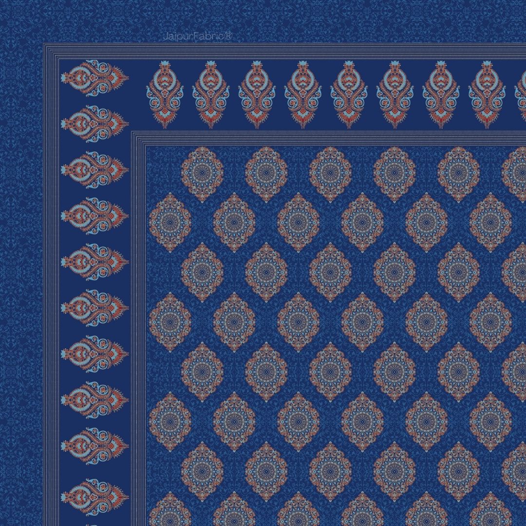 Fan Floral Mandala Royal Blue Pure Cotton Khari Gold Work King Size Bedsheet – 240 TC