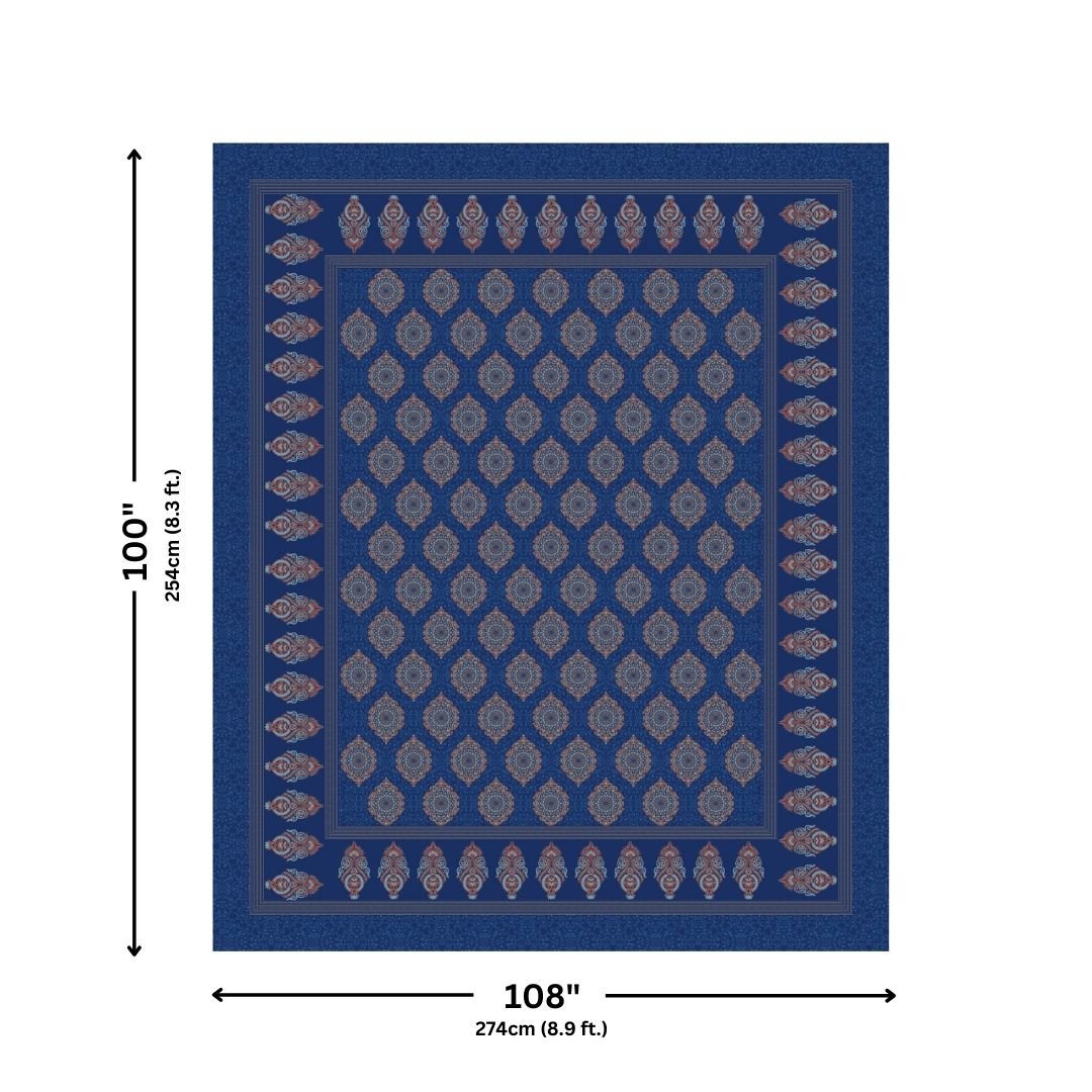 Fan Floral Mandala Royal Blue Pure Cotton Khari Gold Work King Size Bedsheet – 240 TC