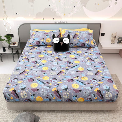 Future Astronaut Purple Soft Cotton Kids Bed Sheet Combo of 2