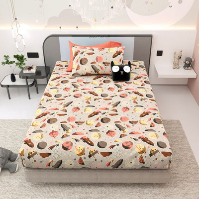 Future Astronaut Beige Soft Cotton Kids Bed Sheet Combo of 2