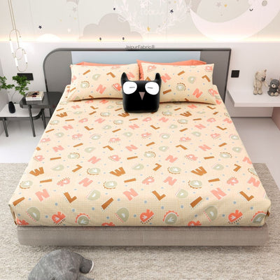 ABC Alphabet Adventure Peach & Beige Soft Cotton Kids Bed Sheet Combo of 2