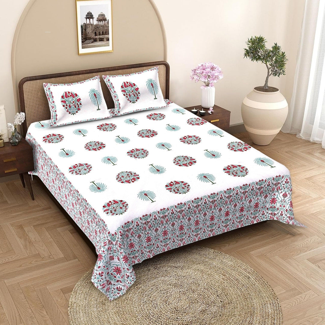 Palm Medallion Rosewood Pure Cotton King Size Bedsheet