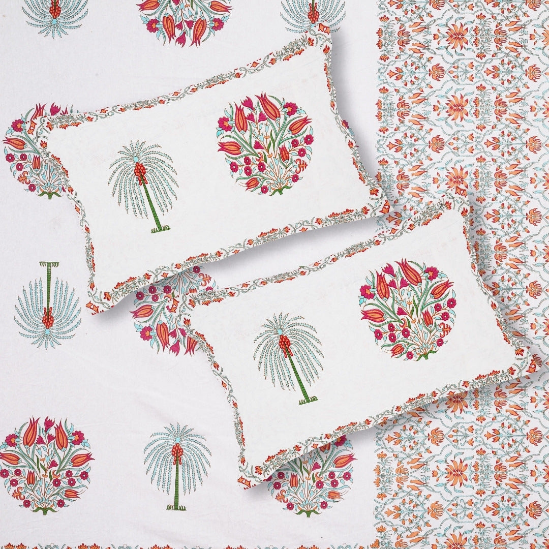 Palm Medallion Coral Pure Cotton King Size Bedsheet