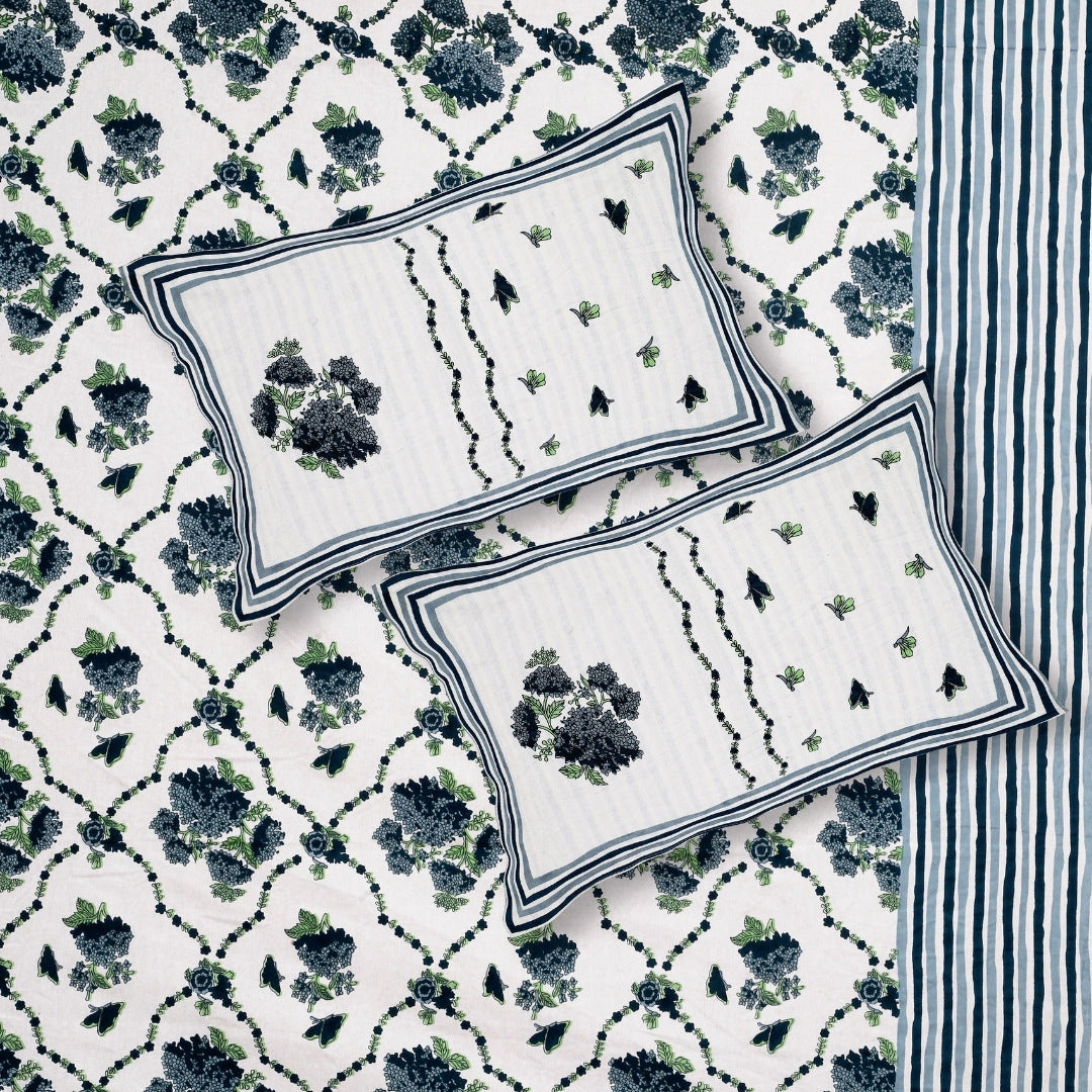 Trellis Bouquet Navy Pure Cotton King Size Bedsheet
