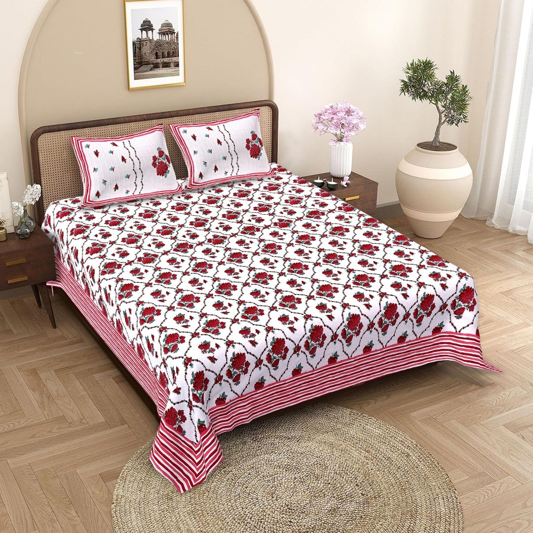 Trellis Bouquet Crimson Pure Cotton King Size Bedsheet