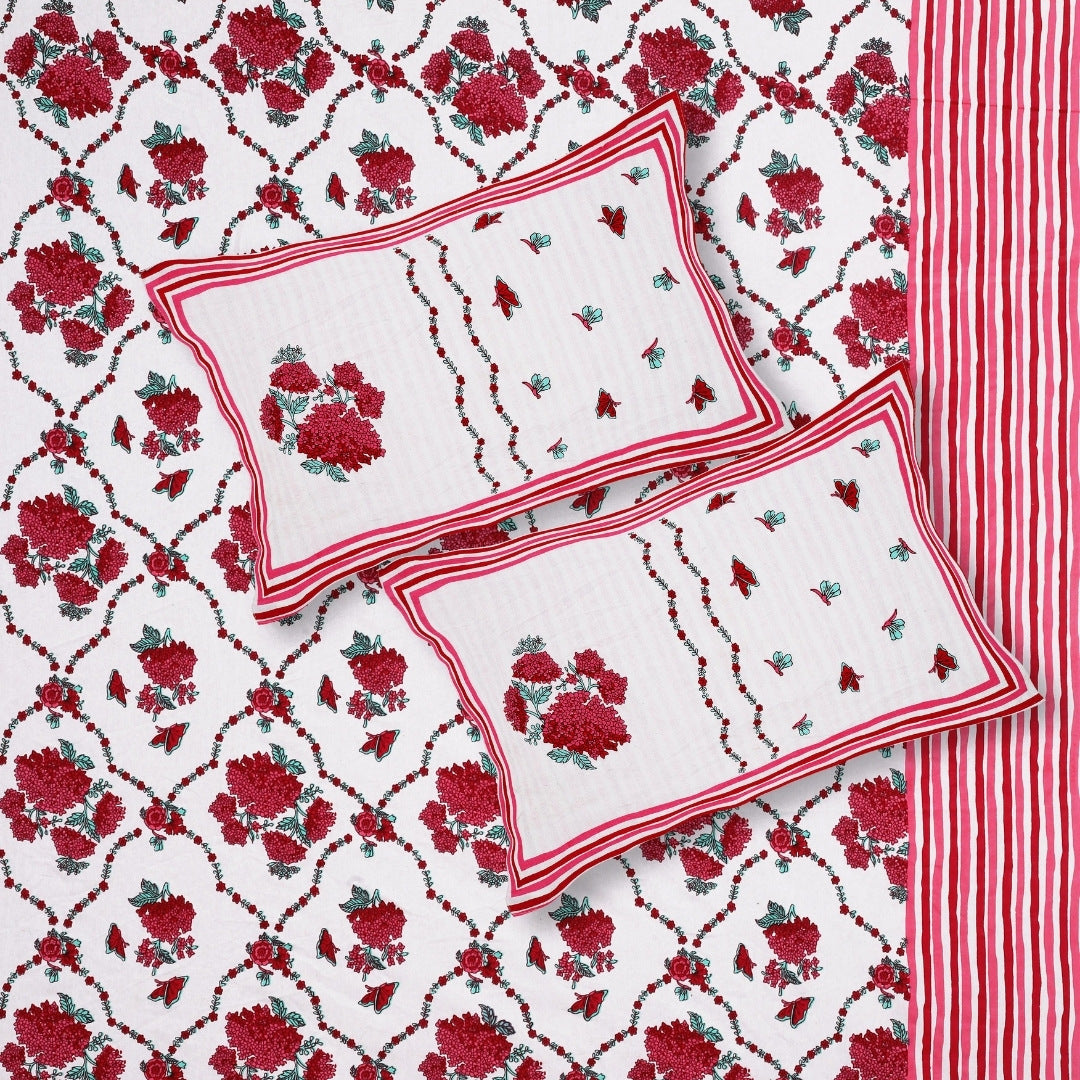 Trellis Bouquet Crimson Pure Cotton King Size Bedsheet