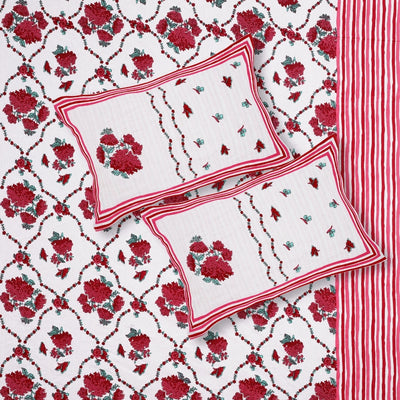 Trellis Bouquet Crimson Pure Cotton King Size Bedsheet