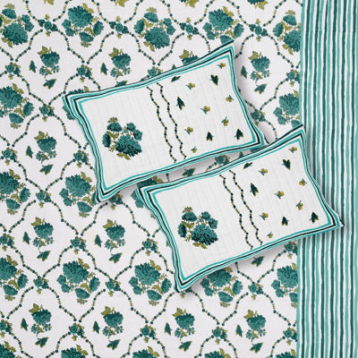 Trellis Bouquet Teal Pure Cotton King Size Bedsheet
