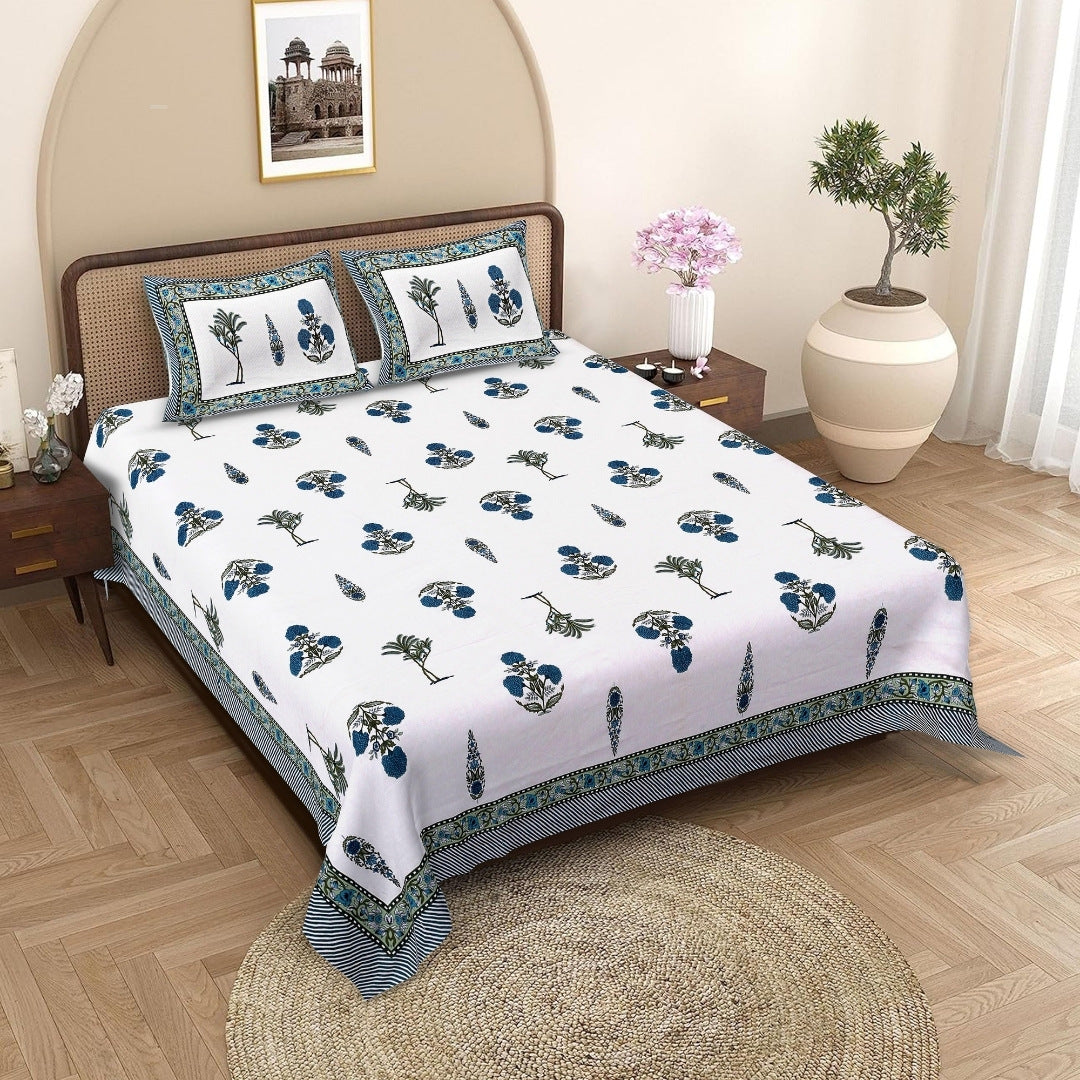 Botanical Sprig Indigo Pure Cotton King Size Bedsheet