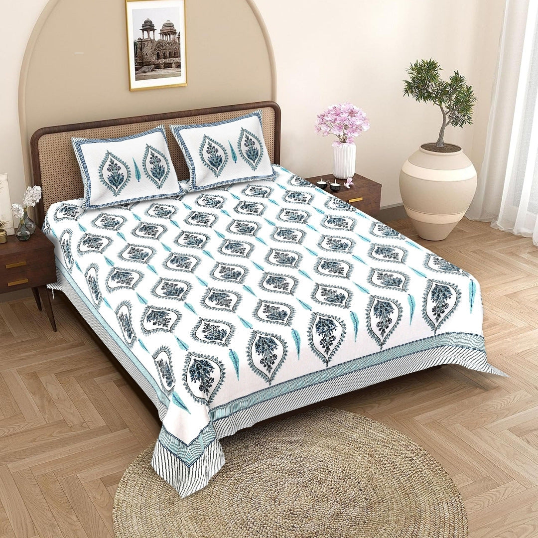 Ogee Medallion Teal Navy Pure Cotton King Size Bedsheet