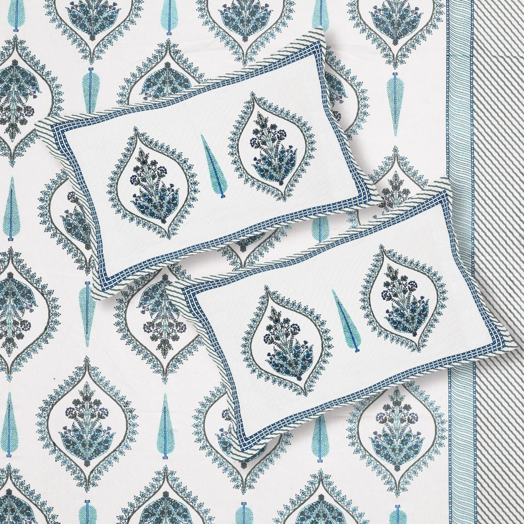 Ogee Medallion Teal Navy Pure Cotton King Size Bedsheet