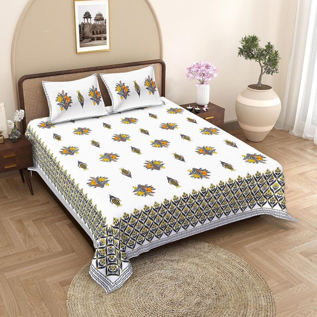 Pomegranate Bouquet Gold Pure Cotton King Size Bedsheet