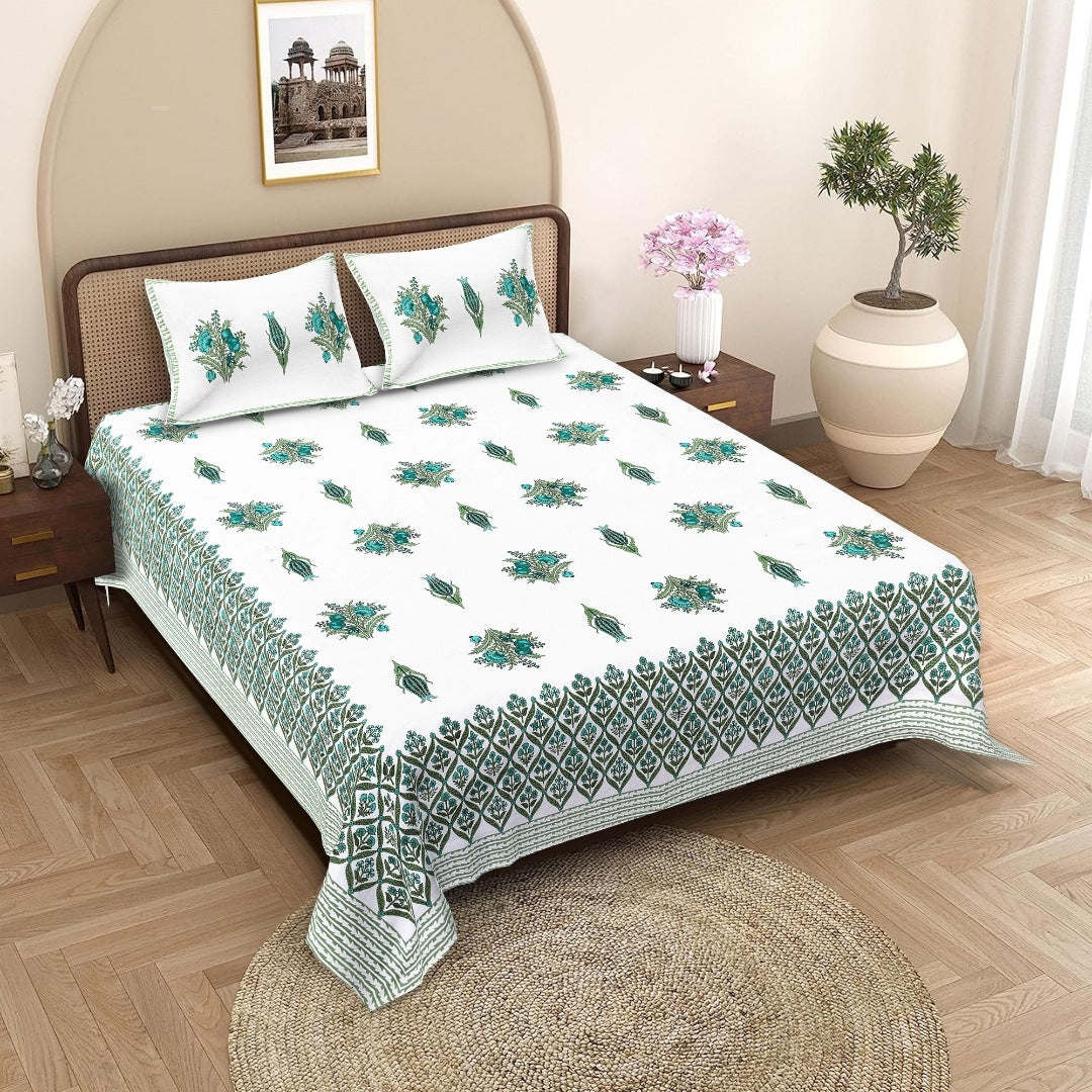 Pomegranate Bouquet Emerald Pure Cotton King Size Bedsheet