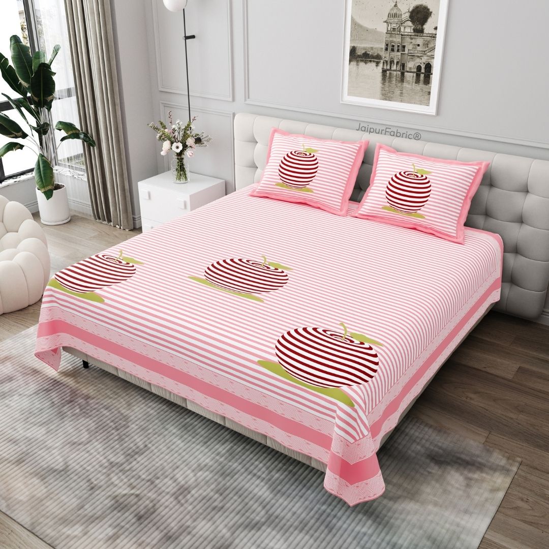 Pink Candy Apple Print Pure Cotton King Size Bedsheet