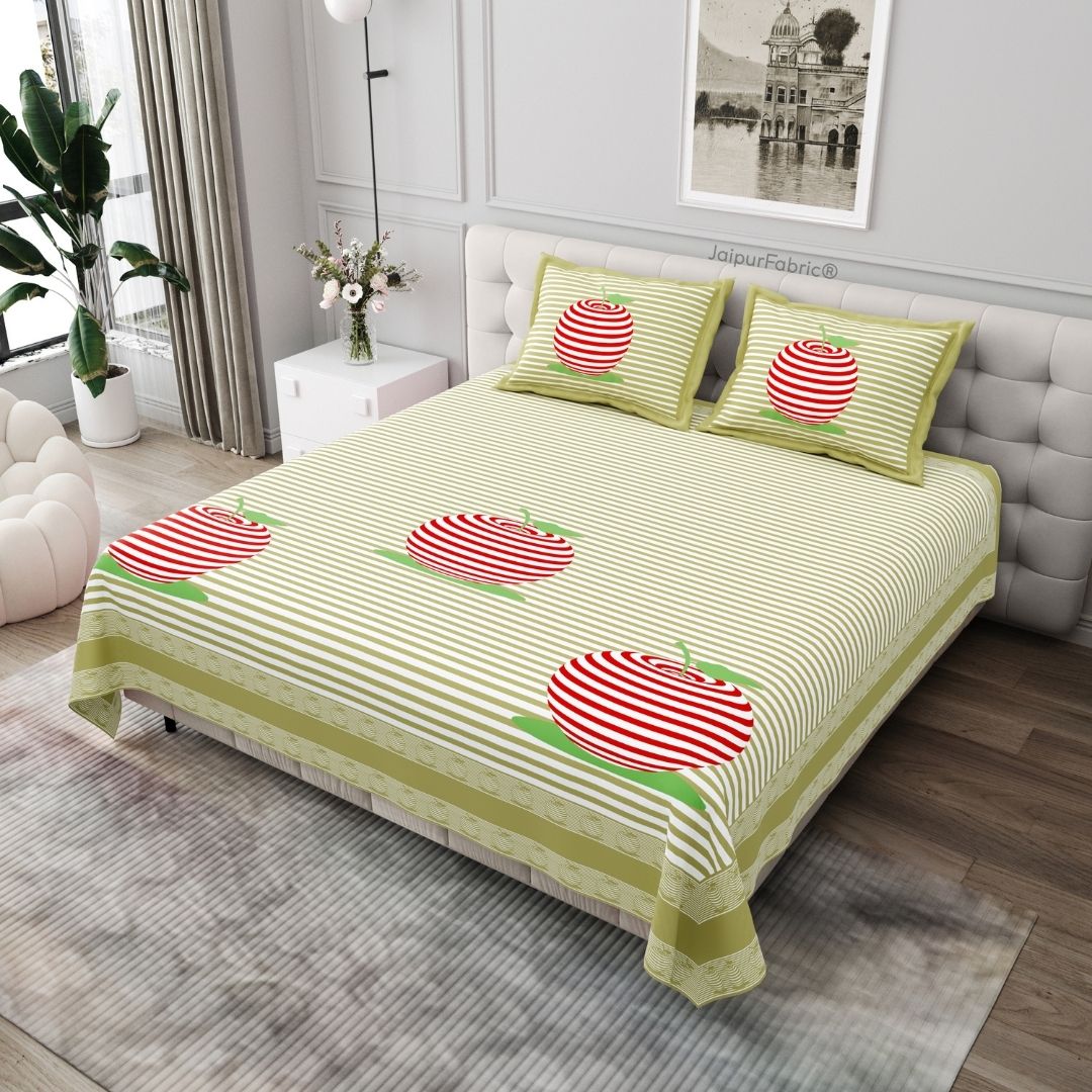 Light Green Candy Apple Print Pure Cotton King Size Bedsheet
