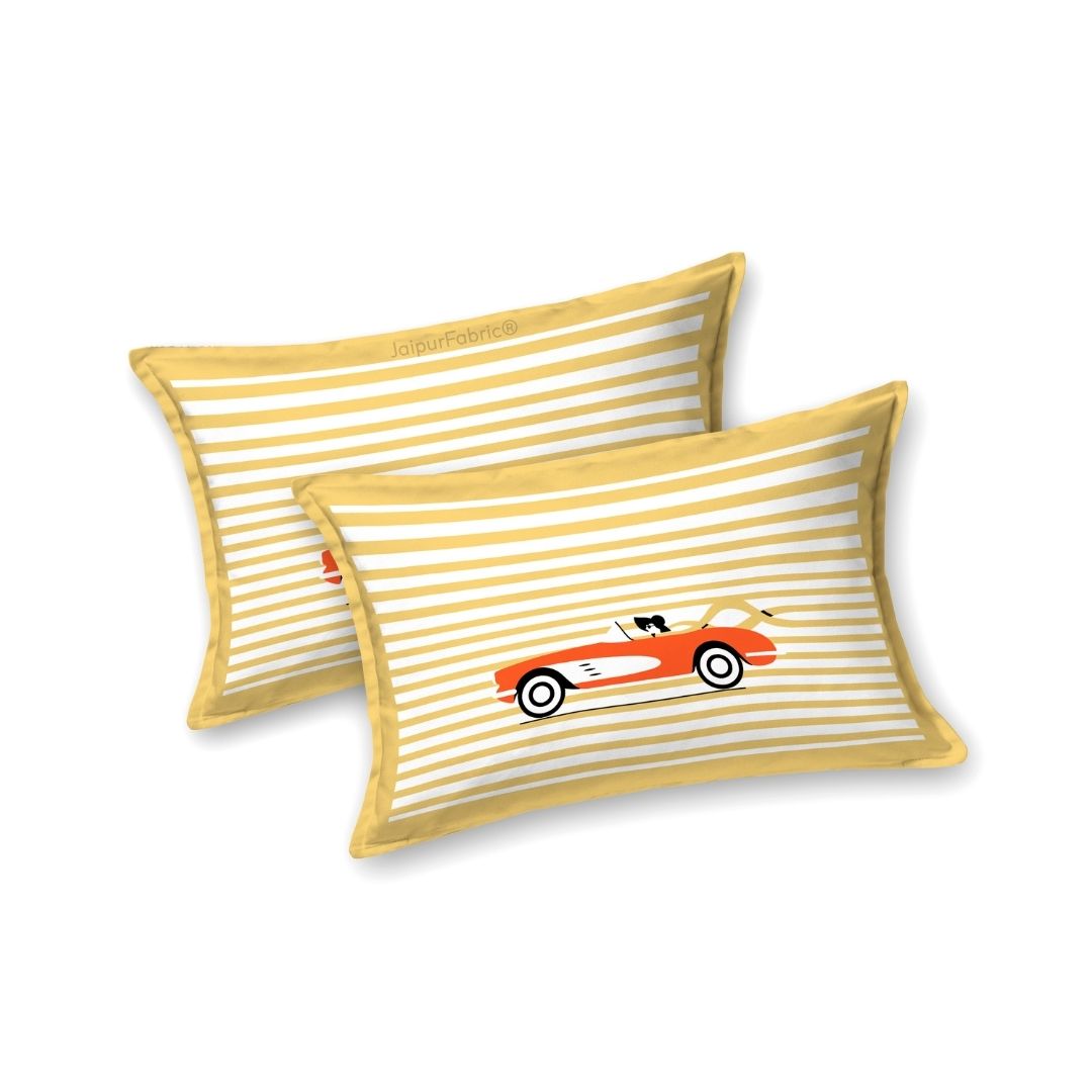 Golden Racing Car Print Pure Cotton King Size Bedsheet
