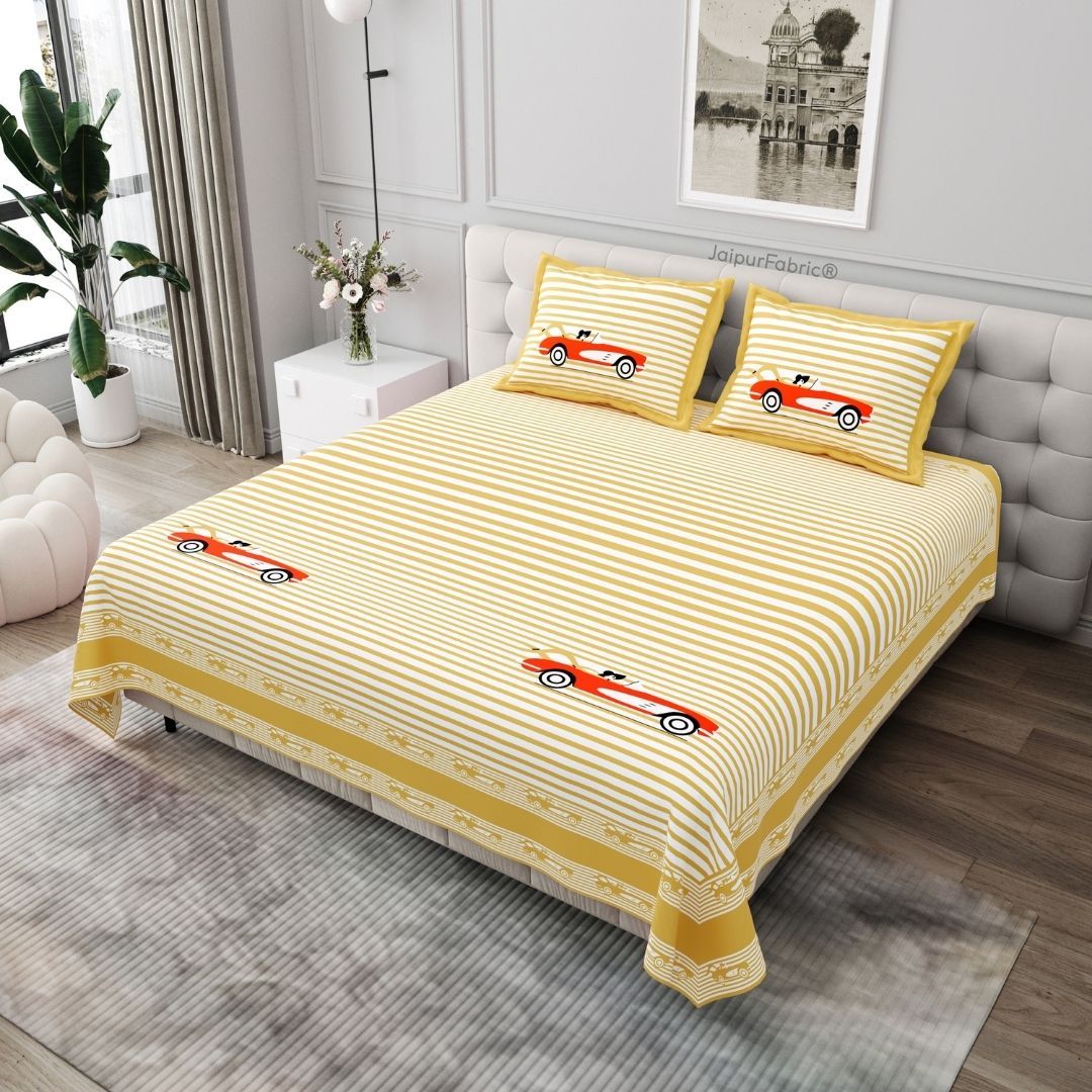 Golden Racing Car Print Pure Cotton King Size Bedsheet