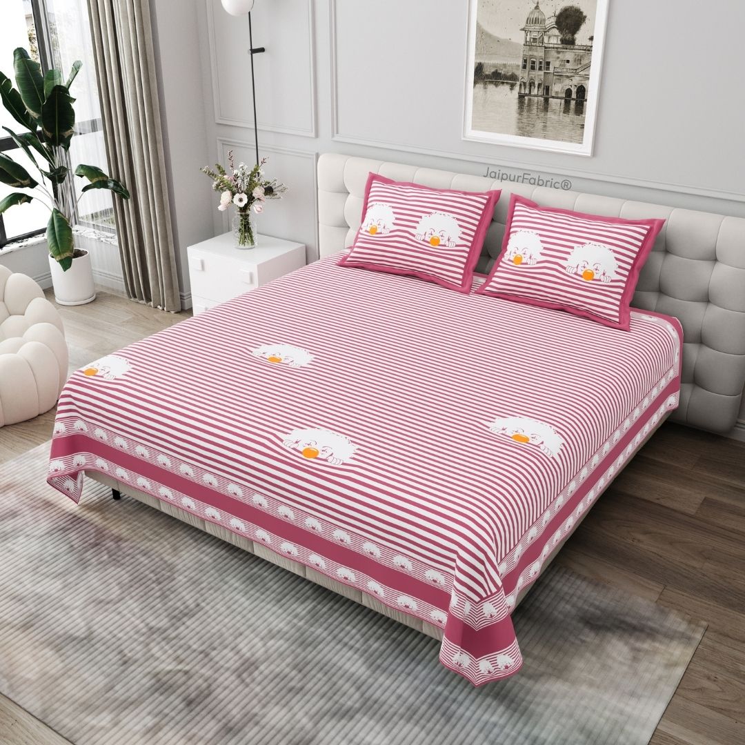 Pink Sleeping Cat Print Pure Cotton King Size Bedsheet