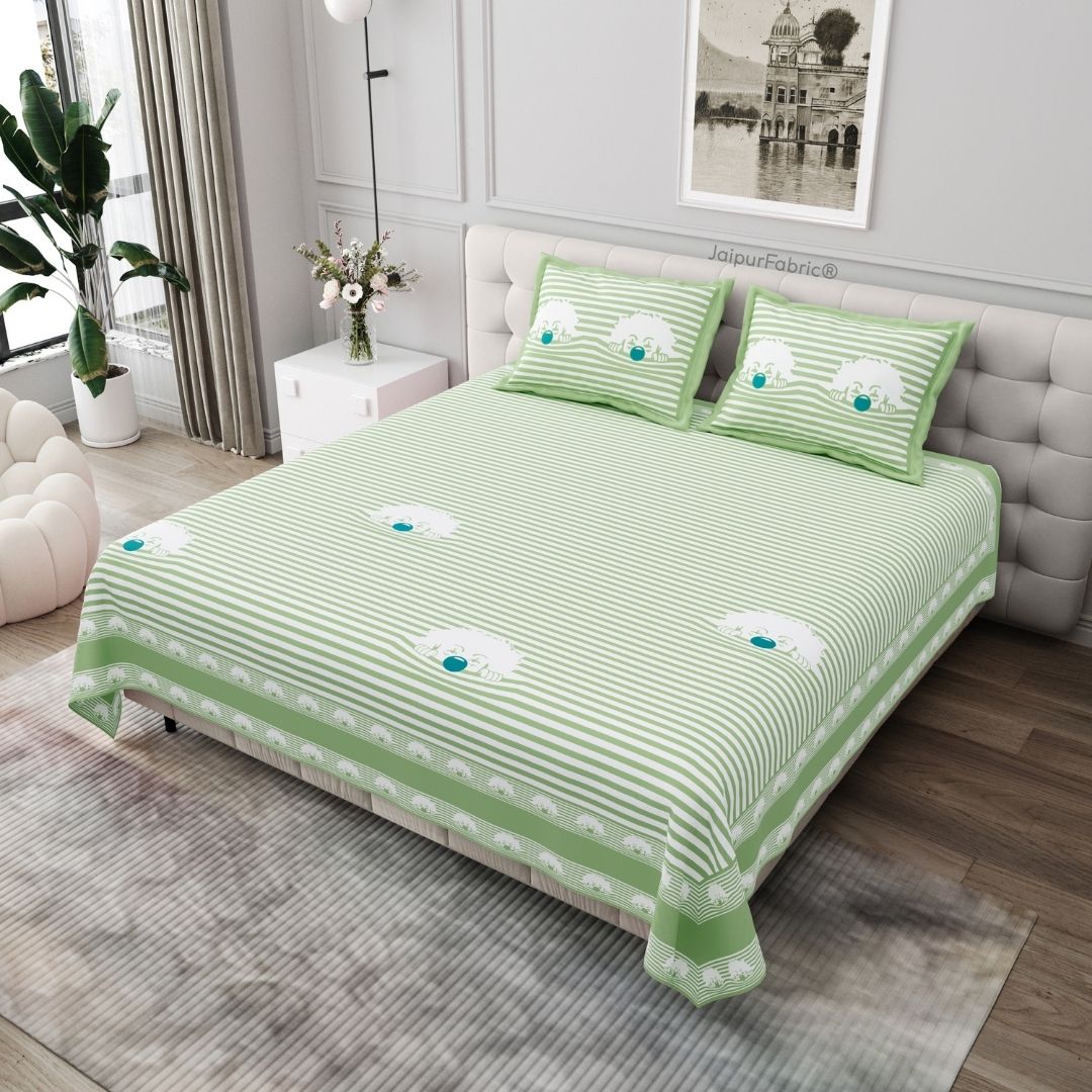 Light Green Sleeping Cat Print Pure Cotton King Size Bedsheet