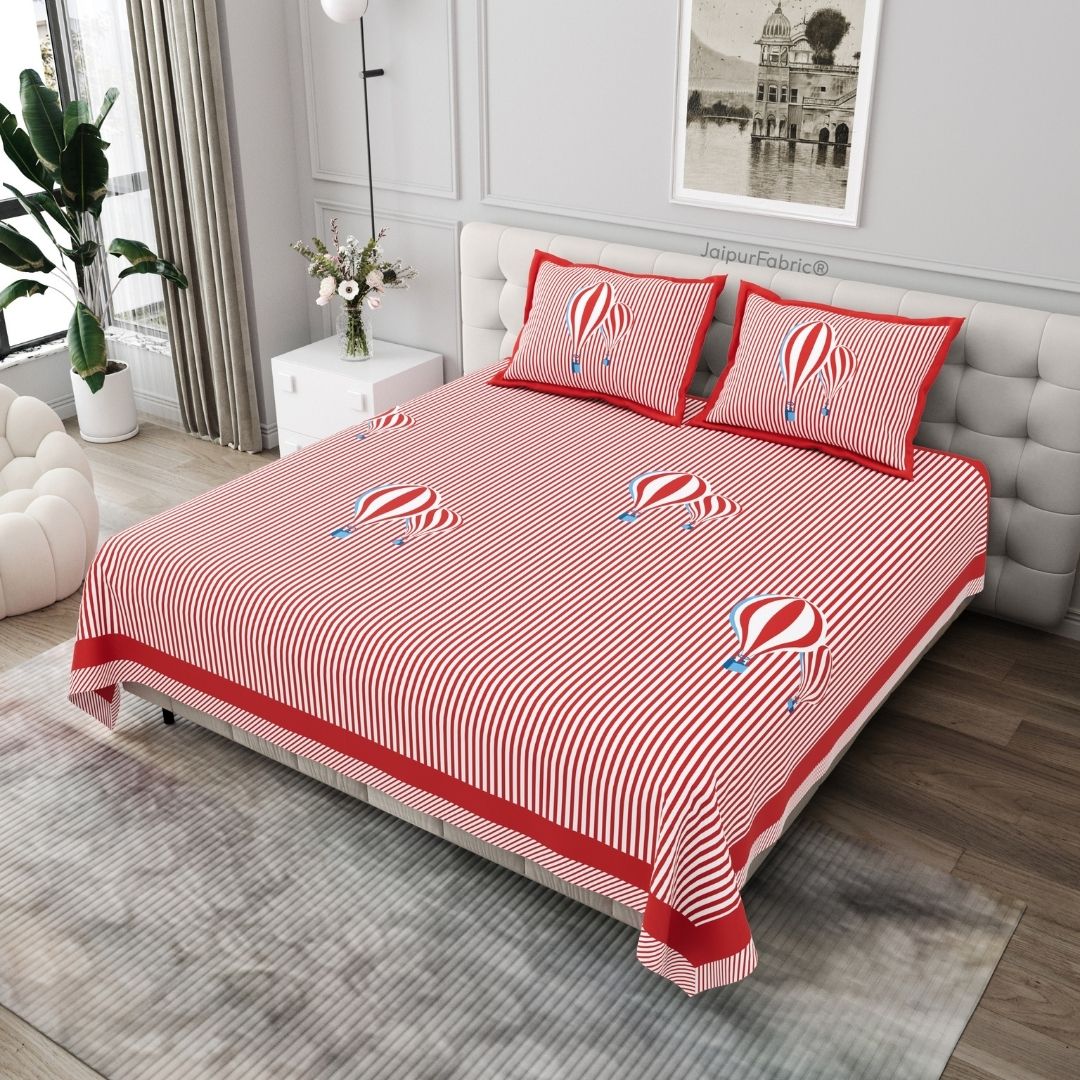 Red Hot Air Balloon Print Pure Cotton King Size Bedsheet