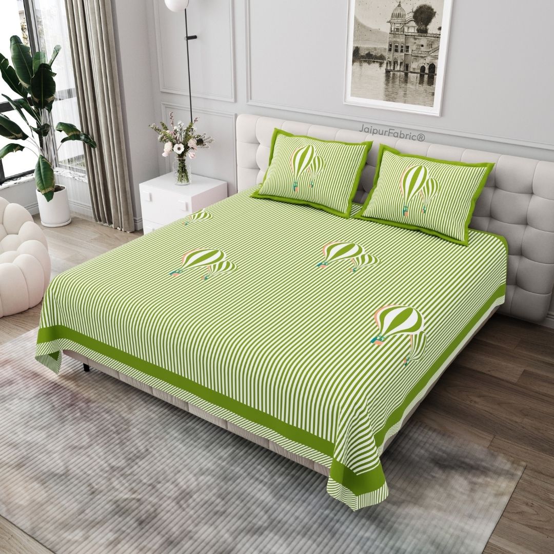 Light Green Hot Air Balloon Print Pure Cotton King Size Bedsheet