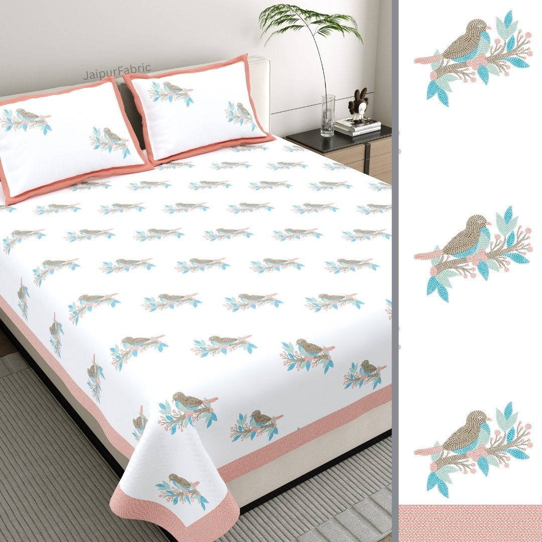 Coral Peach Avian Breeze King Size Pure Cotton Bedsheet