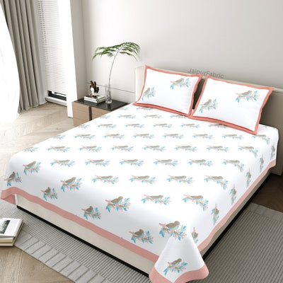 Coral Peach Avian Breeze King Size Pure Cotton Bedsheet