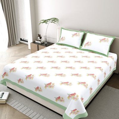 Fresh Green Avian Breeze King Size Pure Cotton Bedsheet