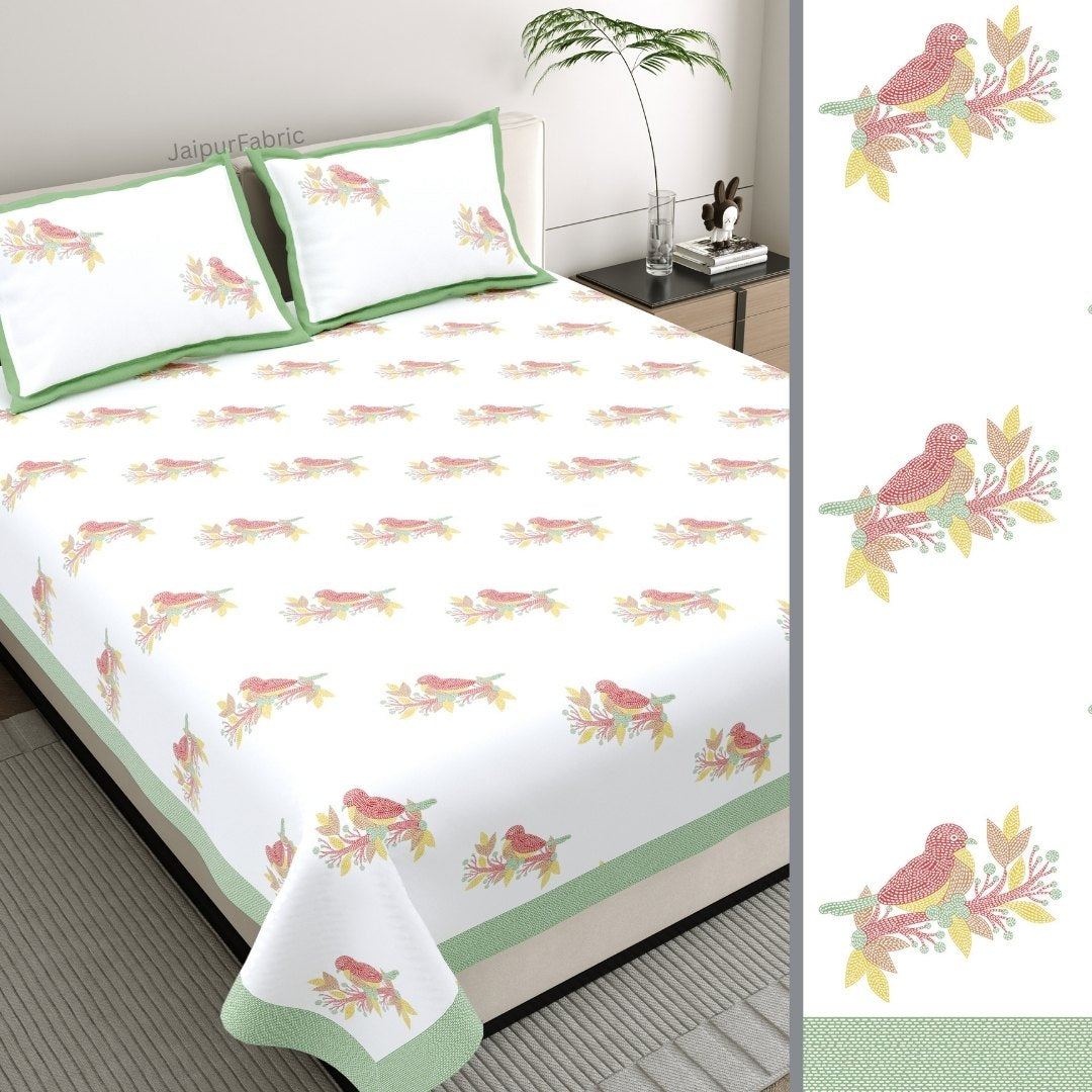Fresh Green Avian Breeze King Size Pure Cotton Bedsheet