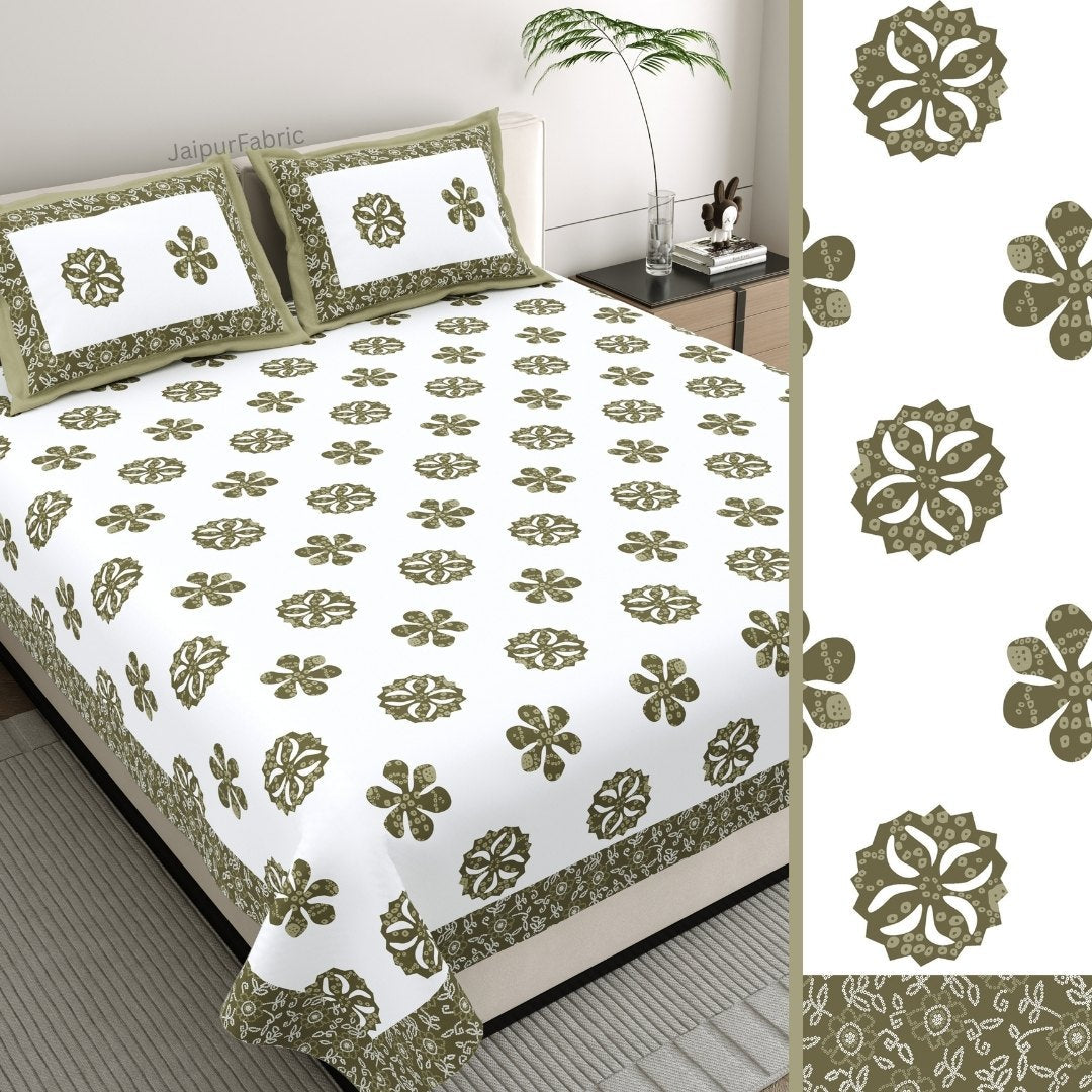 Olive Green Royal Mandala King Size Pure Cotton Bedsheet