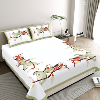 Sage Green Tropical Trio King Size Pure Cotton Bedsheet